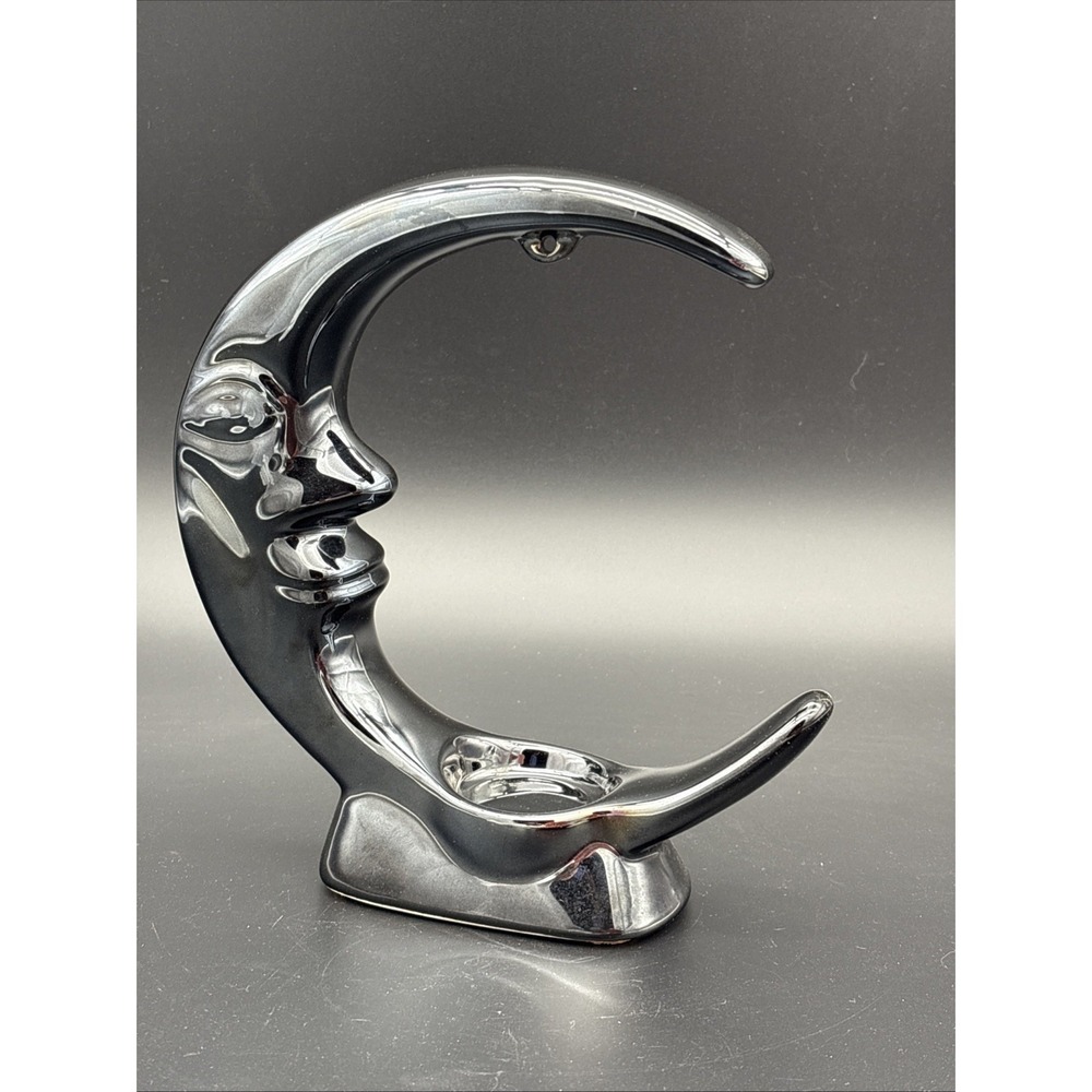 Vintage 90s Whimsigoth Metallic Black Ceramic Crescent Moon Sphere Stand/Candle